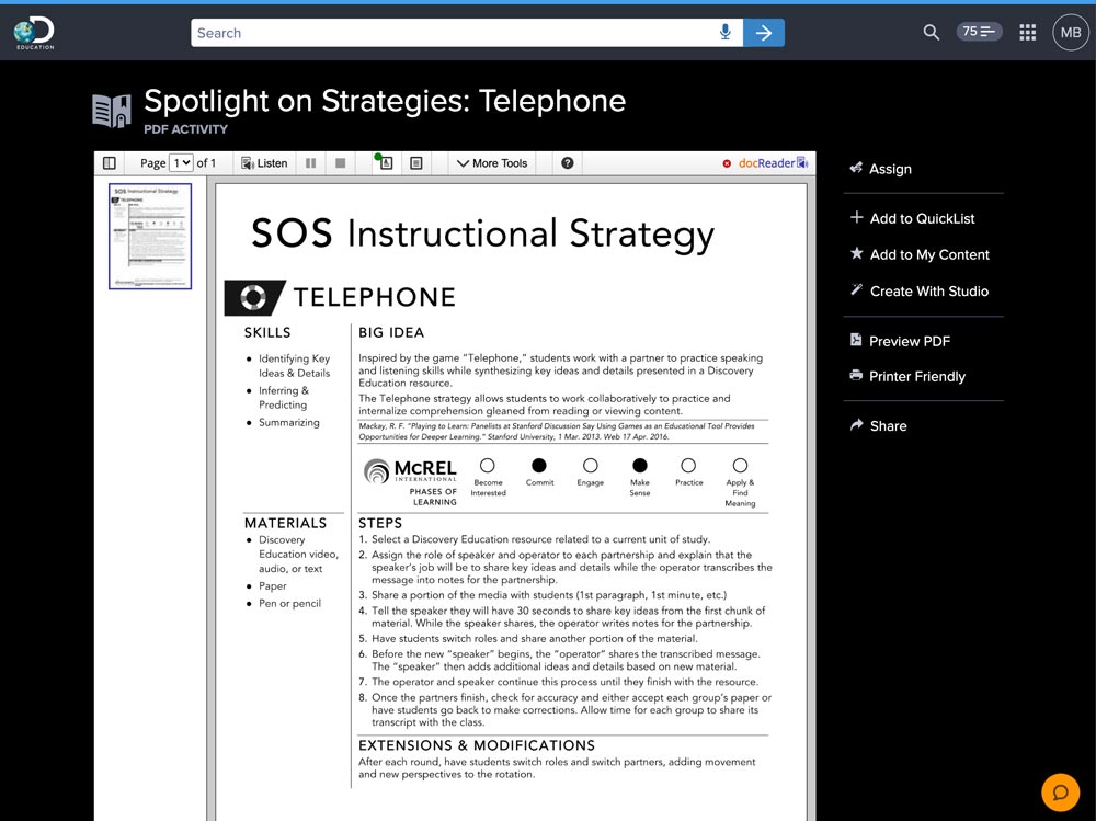sos instructional strategy literacy telephone