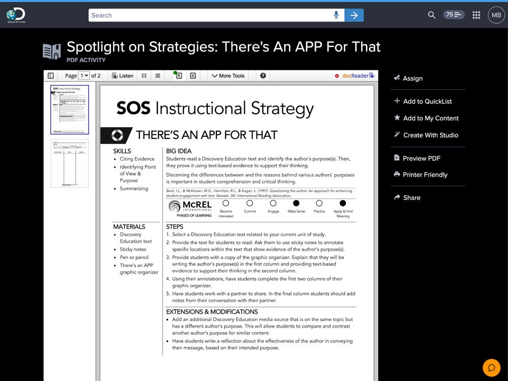 sos instructional strategy literacy app for that